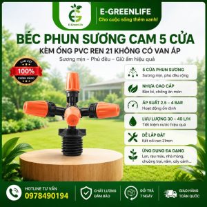 Béc phun sương cam 5 cửa kèm ống PVC ren 21 không có van áp