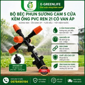Bộ béc phun sương cam 5 cửa kèm ống PVC ren 21 có van áp