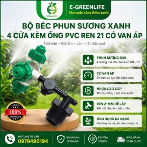 Bộ béc phun sương xanh 4 cửa kèm ống PVC ren 21 có van áp